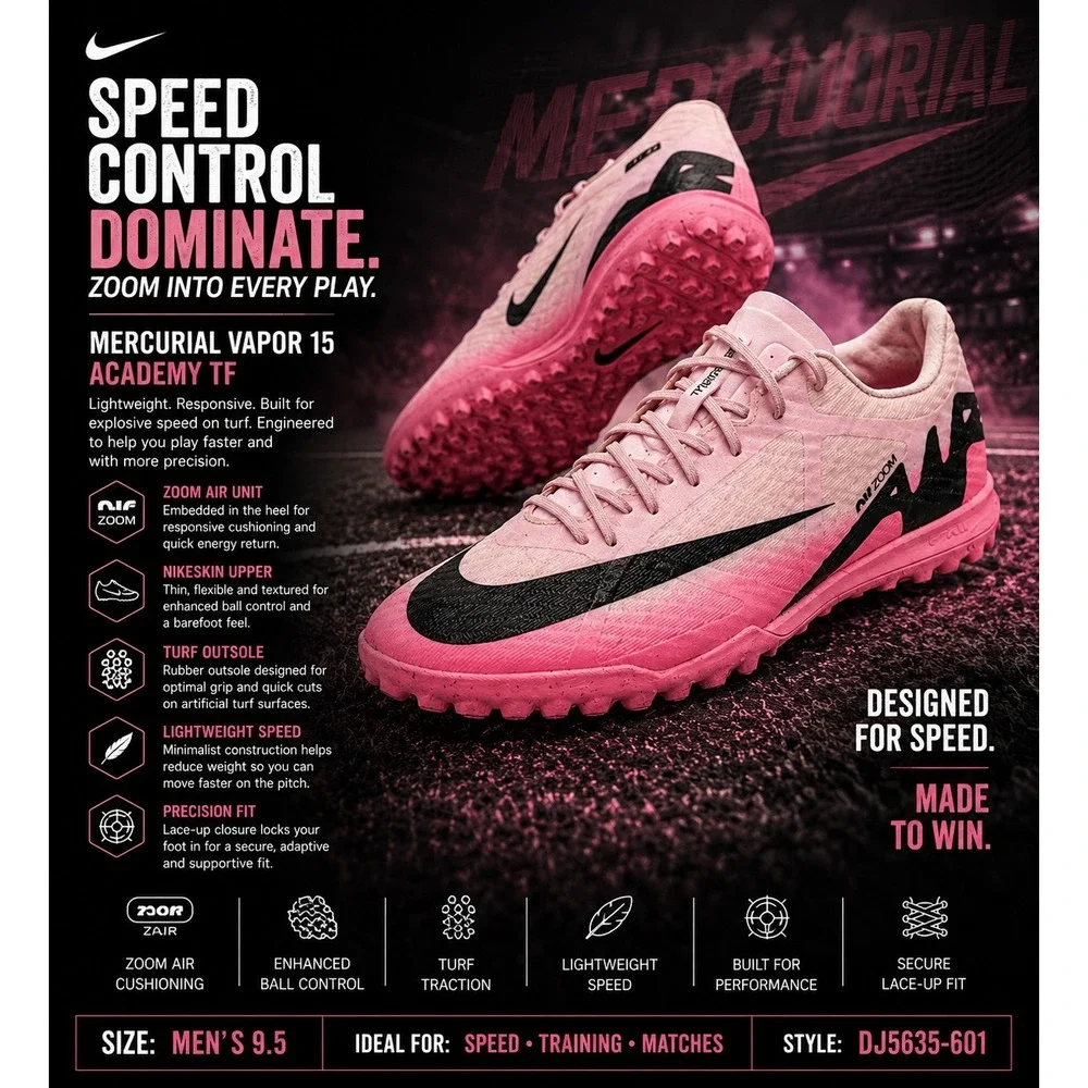 Nike Zoom Mercurial Vapor 15 Academy TF Men 9.5 Pink Foam Turf Soccer DJ5635-601